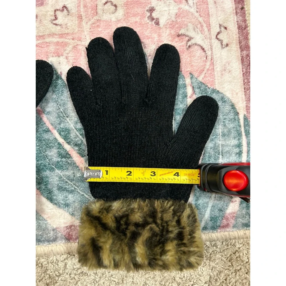 Vintage Womens Black‎ Knit Gloves Leopard Faux Fur Trim Winter Warm Fashion